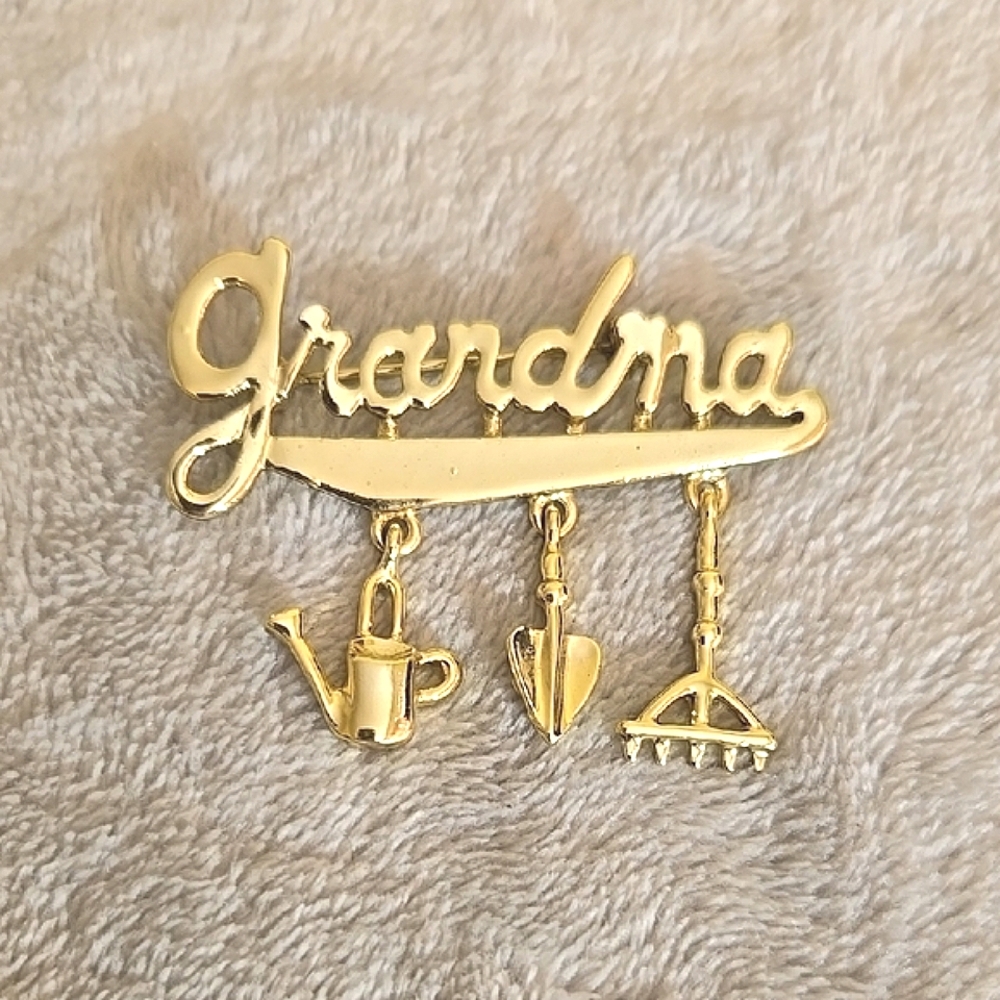 #190 Gold Tone Grandma Brooch with Gardening Charms